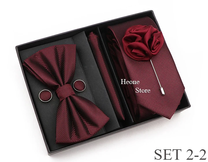 New Style Tie Set Solid Color Plaid Pink Purple Yellow Necktie Bowtie Cufflink Brooch For Groom Wedding Party Gift Box Accessory