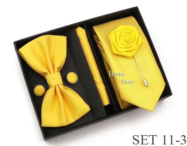 New Style Tie Set Solid Color Plaid Pink Purple Yellow Necktie Bowtie Cufflink Brooch For Groom Wedding Party Gift Box Accessory