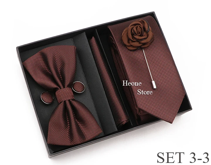 New Style Tie Set Solid Color Plaid Pink Purple Yellow Necktie Bowtie Cufflink Brooch For Groom Wedding Party Gift Box Accessory