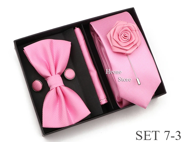 New Style Tie Set Solid Color Plaid Pink Purple Yellow Necktie Bowtie Cufflink Brooch For Groom Wedding Party Gift Box Accessory
