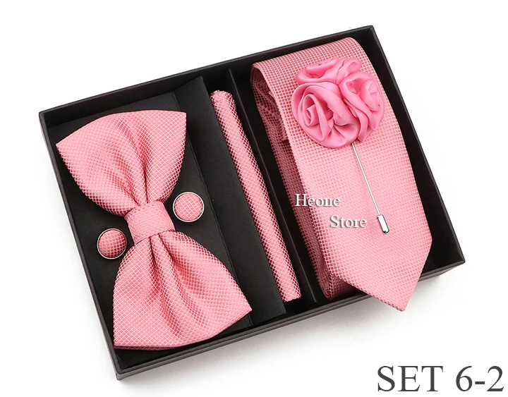New Style Tie Set Solid Color Plaid Pink Purple Yellow Necktie Bowtie Cufflink Brooch For Groom Wedding Party Gift Box Accessory