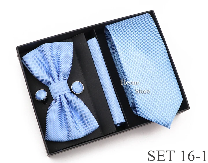 New Style Tie Set Solid Color Plaid Pink Purple Yellow Necktie Bowtie Cufflink Brooch For Groom Wedding Party Gift Box Accessory