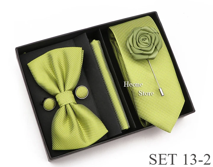 New Style Tie Set Solid Color Plaid Pink Purple Yellow Necktie Bowtie Cufflink Brooch For Groom Wedding Party Gift Box Accessory
