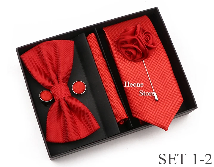 New Style Tie Set Solid Color Plaid Pink Purple Yellow Necktie Bowtie Cufflink Brooch For Groom Wedding Party Gift Box Accessory
