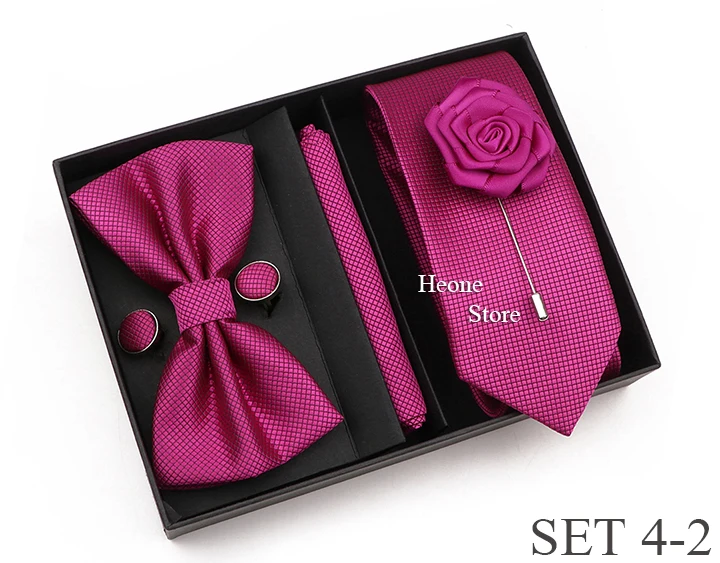 New Style Tie Set Solid Color Plaid Pink Purple Yellow Necktie Bowtie Cufflink Brooch For Groom Wedding Party Gift Box Accessory