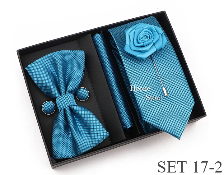New Style Tie Set Solid Color Plaid Pink Purple Yellow Necktie Bowtie Cufflink Brooch For Groom Wedding Party Gift Box Accessory