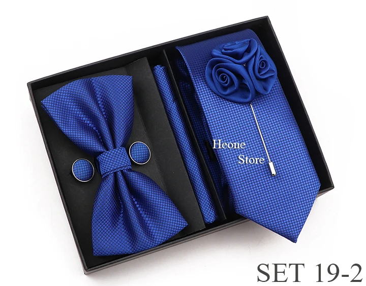 New Style Tie Set Solid Color Plaid Pink Purple Yellow Necktie Bowtie Cufflink Brooch For Groom Wedding Party Gift Box Accessory