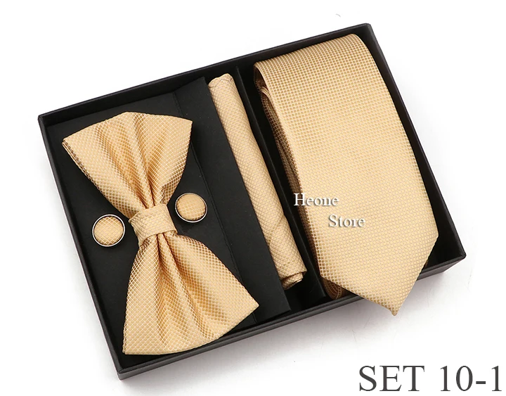 New Style Tie Set Solid Color Plaid Pink Purple Yellow Necktie Bowtie Cufflink Brooch For Groom Wedding Party Gift Box Accessory