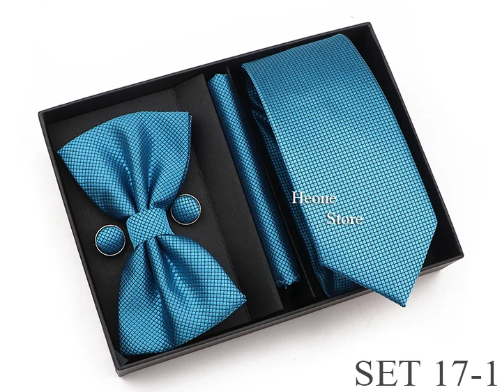 New Style Tie Set Solid Color Plaid Pink Purple Yellow Necktie Bowtie Cufflink Brooch For Groom Wedding Party Gift Box Accessory