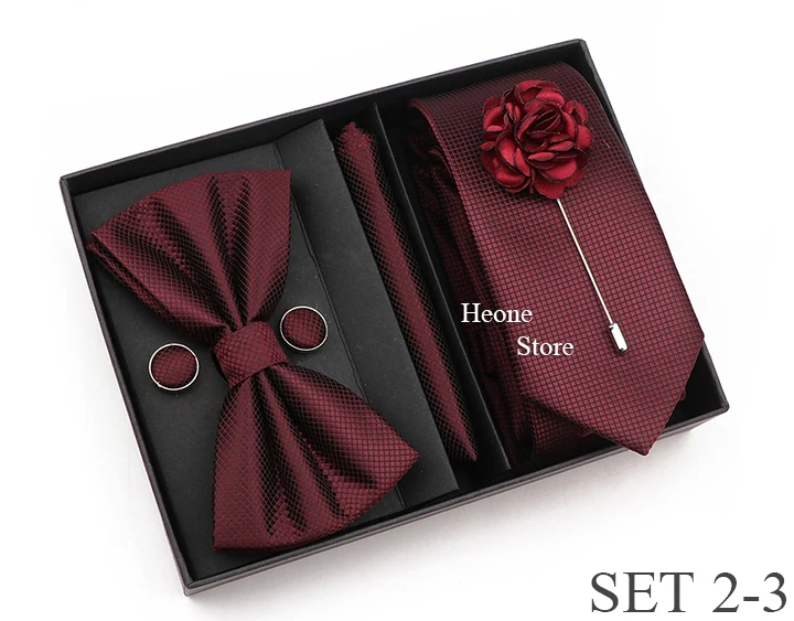 New Style Tie Set Solid Color Plaid Pink Purple Yellow Necktie Bowtie Cufflink Brooch For Groom Wedding Party Gift Box Accessory