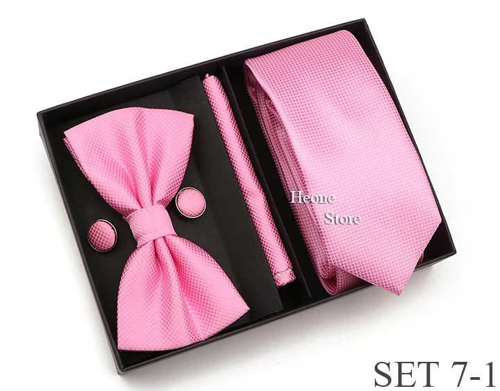 New Style Tie Set Solid Color Plaid Pink Purple Yellow Necktie Bowtie Cufflink Brooch For Groom Wedding Party Gift Box Accessory