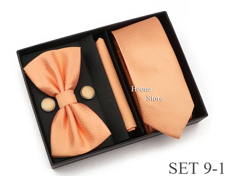 New Style Tie Set Solid Color Plaid Pink Purple Yellow Necktie Bowtie Cufflink Brooch For Groom Wedding Party Gift Box Accessory