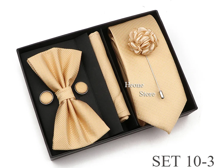 New Style Tie Set Solid Color Plaid Pink Purple Yellow Necktie Bowtie Cufflink Brooch For Groom Wedding Party Gift Box Accessory