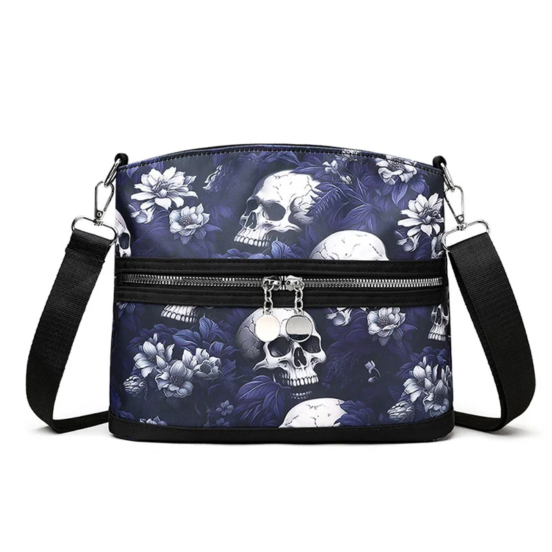 Fashion Flower Skull Pattern Crossbody Bags For Women, Large Capacity Casual Graffiti Shoulder Bag For Halloween Gift