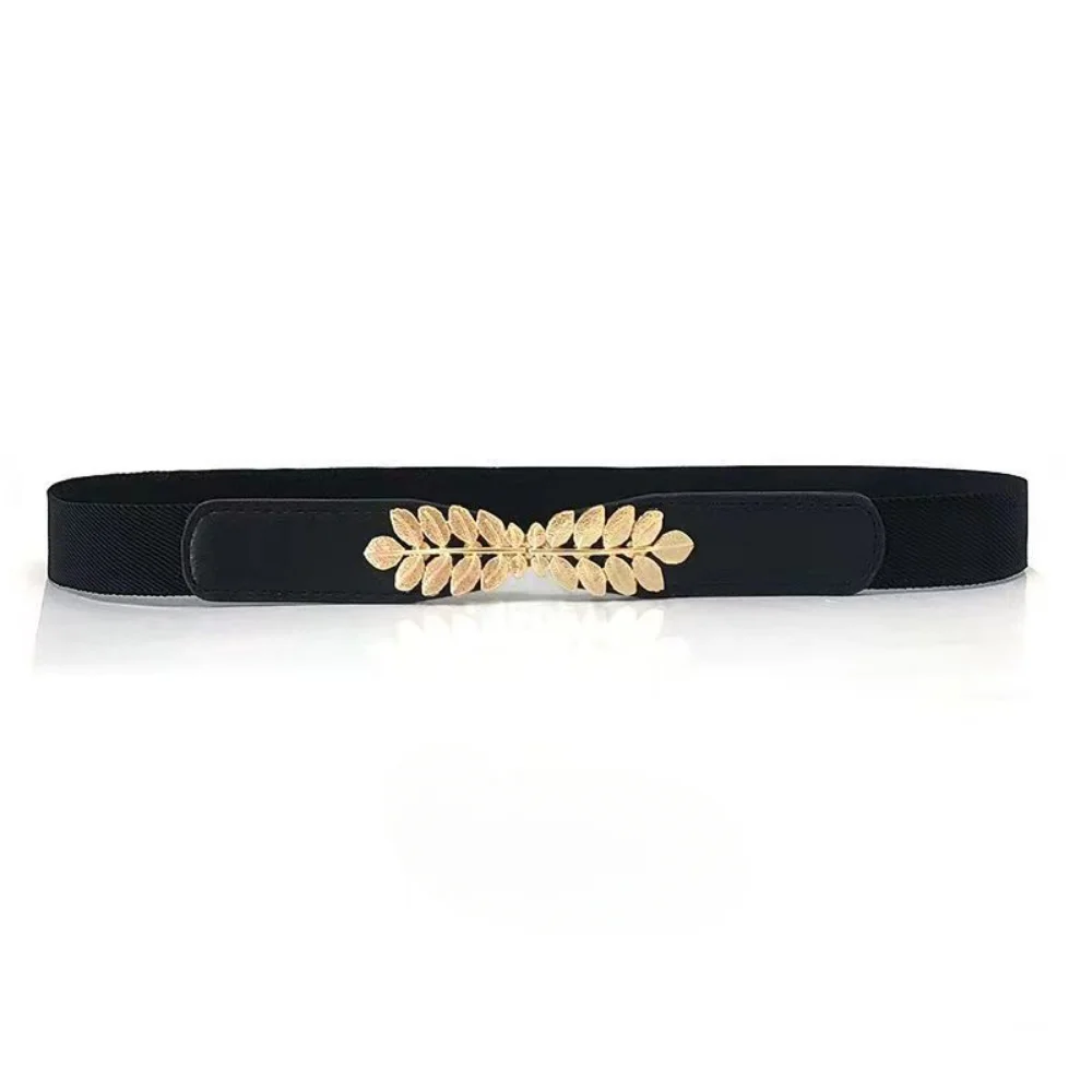 Fashion Leaf Waistbands Stretchy Lady HOT Elastic Cummerbunds for Women Dark Blue Belt Dress Gold Double Metal Buckle Waistband