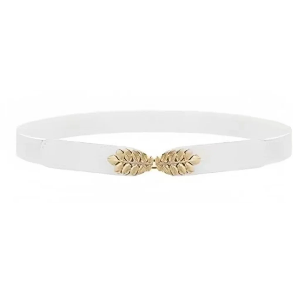 Fashion Leaf Waistbands Stretchy Lady HOT Elastic Cummerbunds for Women Dark Blue Belt Dress Gold Double Metal Buckle Waistband