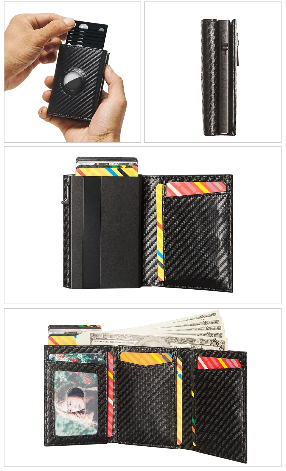 Men Smart Wallet Credit Card Holder for AirTag Carbon Fiber Aluminum Automatic Pop Out Cardholder Case with Money Clip