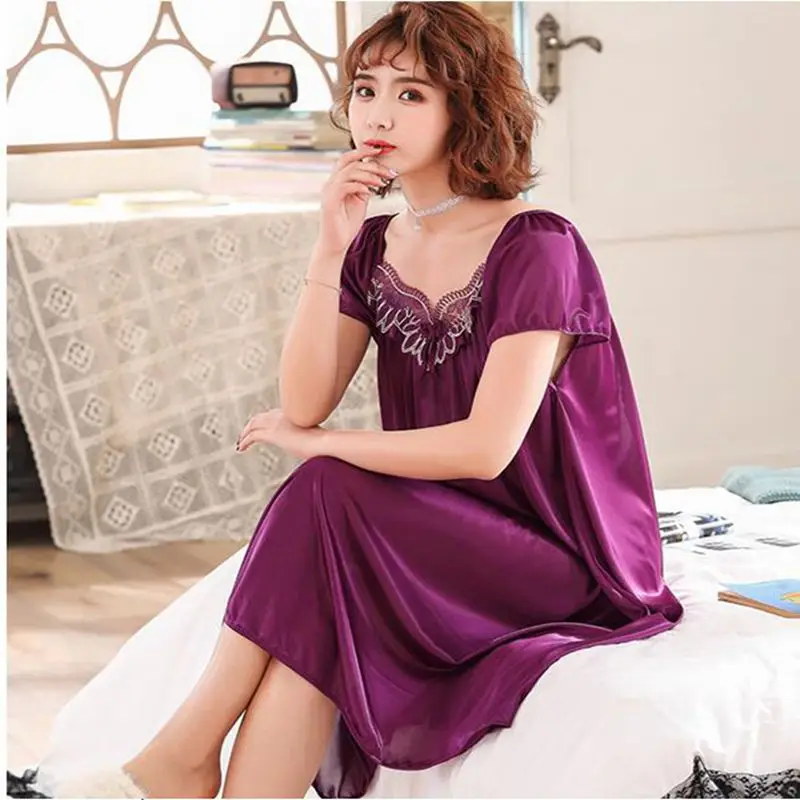 Women's Summer Ice Silk Nightdress Short Sleeve Crew Neck Lace Sexy Sleep Dress Sleepwear Nightgown Sleepshirt Loungewear Nighty