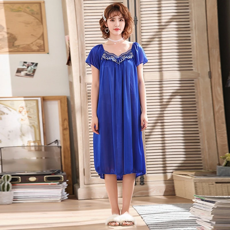 Women's Summer Ice Silk Nightdress Short Sleeve Crew Neck Lace Sexy Sleep Dress Sleepwear Nightgown Sleepshirt Loungewear Nighty