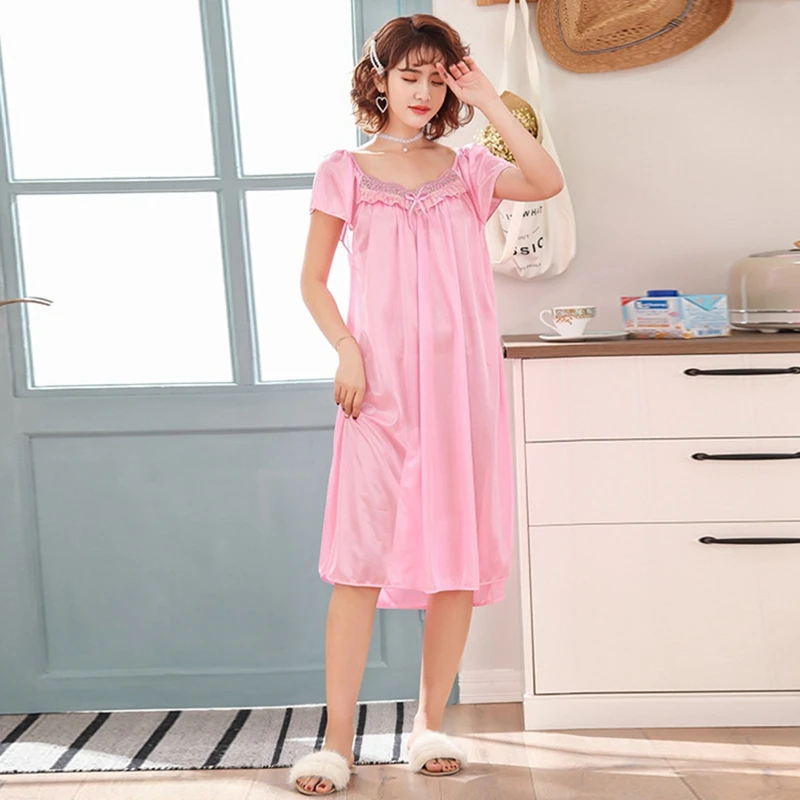Women's Summer Ice Silk Nightdress Short Sleeve Crew Neck Lace Sexy Sleep Dress Sleepwear Nightgown Sleepshirt Loungewear Nighty