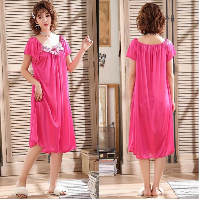 Women's Summer Ice Silk Nightdress Short Sleeve Crew Neck Lace Sexy Sleep Dress Sleepwear Nightgown Sleepshirt Loungewear Nighty