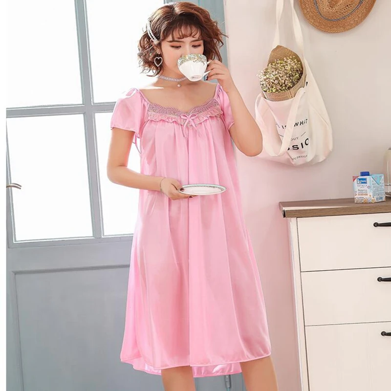 Women's Summer Ice Silk Nightdress Short Sleeve Crew Neck Lace Sexy Sleep Dress Sleepwear Nightgown Sleepshirt Loungewear Nighty