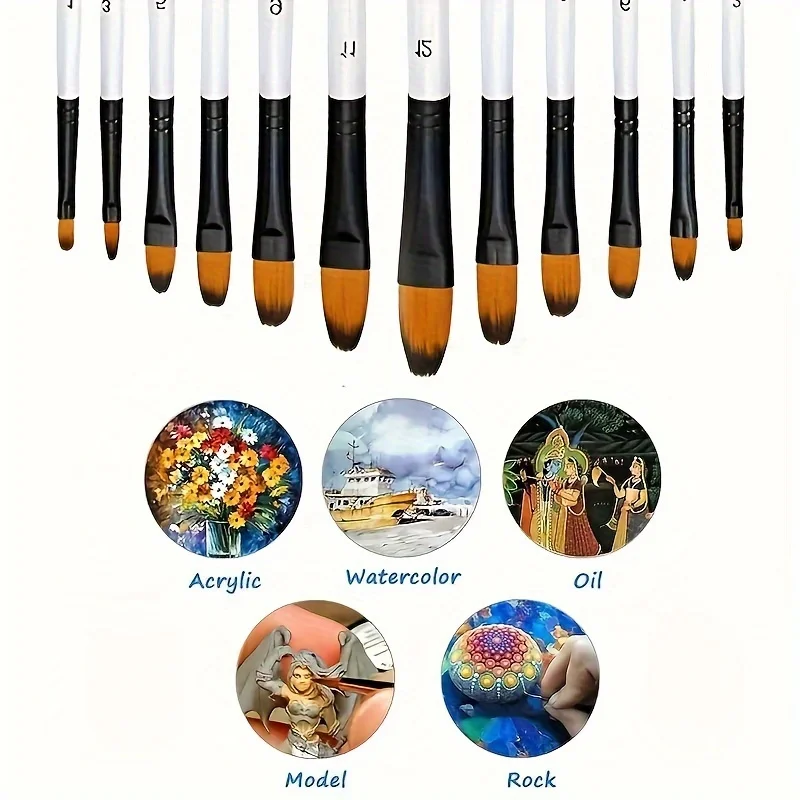 12pcs Filbert Paint Brushes Professional Nylon Hair Fine Tip Paint Brush Set Artist Acrylic Brush for Acrylic Watercolor Oil