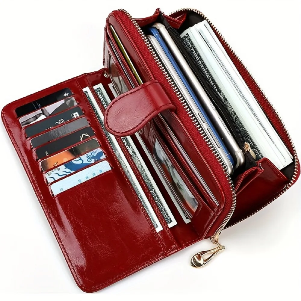 Bright and Shiny Wax Leather Long Wallet That Can Hold Multiple Cards, Card Bags, and Comes with a Wristband