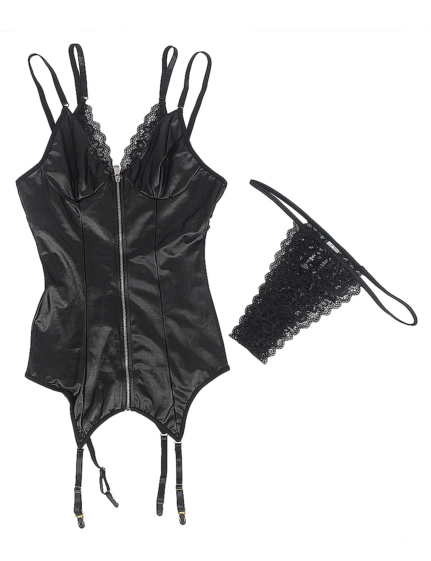 Comeondear Garter PU Leather Lingerie Solid Black Breathable Lace Slimming 4 Stretch Belts Nighty Sleepwear Babydoll with Zipper