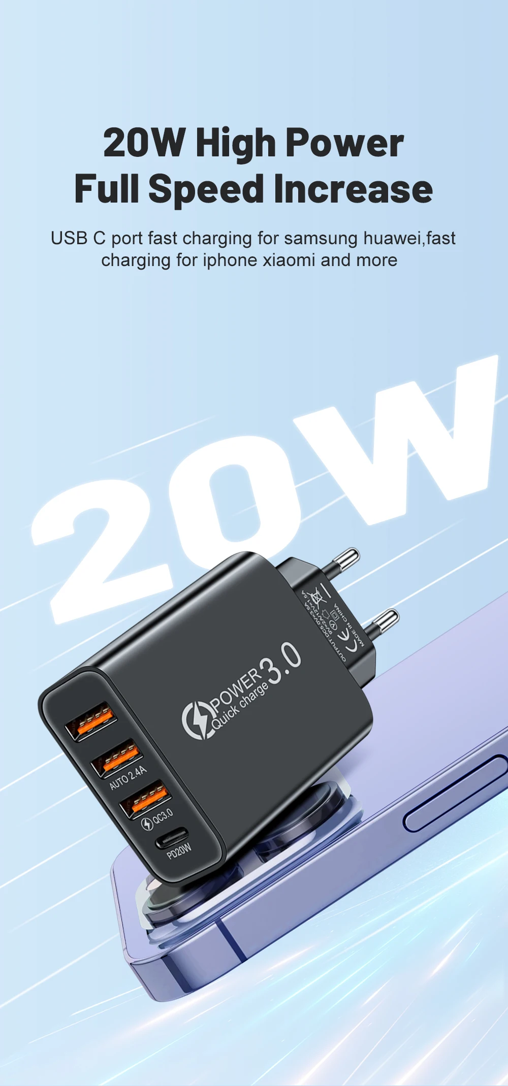 Total 20W Multi Port Wall Charger USB PD Adapter For Xiaomi iPhone 13 12 for Samsung Mobile Phone Plug Charging