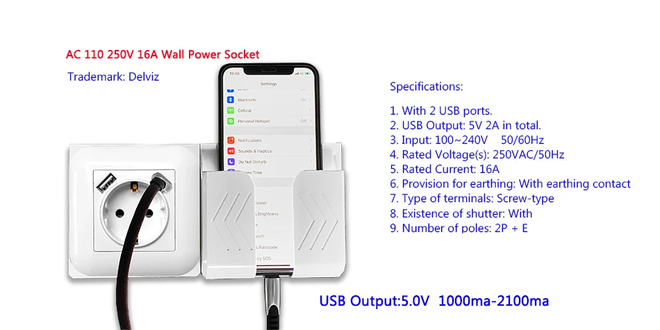 Delviz Dual USB Charging Outlet, AC 110~250V Power Jack, White PC Material Panel, 2A USB Interface, 16A EU Standard Wall Socket