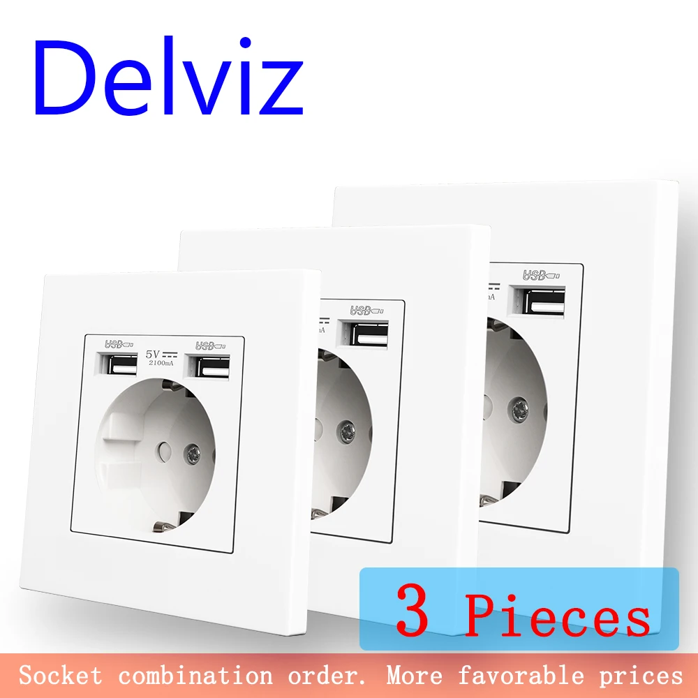 Delviz Dual USB Charging Outlet, AC 110~250V Power Jack, White PC Material Panel, 2A USB Interface, 16A EU Standard Wall Socket