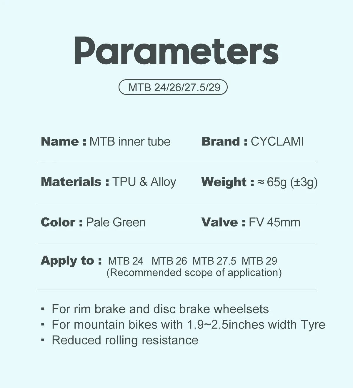 Ultralight Mountain Bike Inner Tube MTB 26 27.5 29 Inches Bicycle TPU Tire 45mm Metal French Presta Valve Anti-Oxidation CYCLAMI