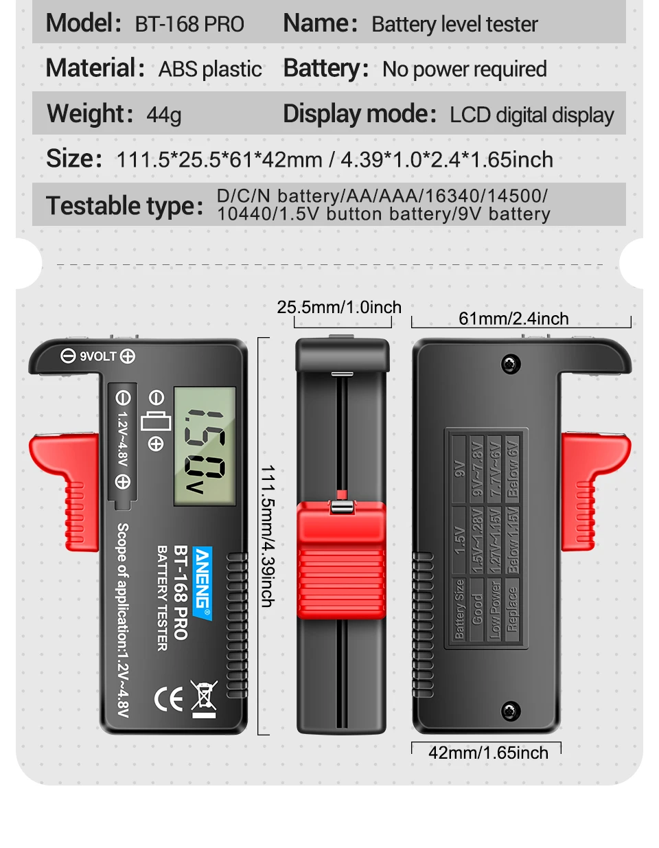 ANENG BT-168 PRO Digital Lithium Battery Capacity Tester Checkered Load Analyzer Display Check AAA AA Button Cell Universal Test