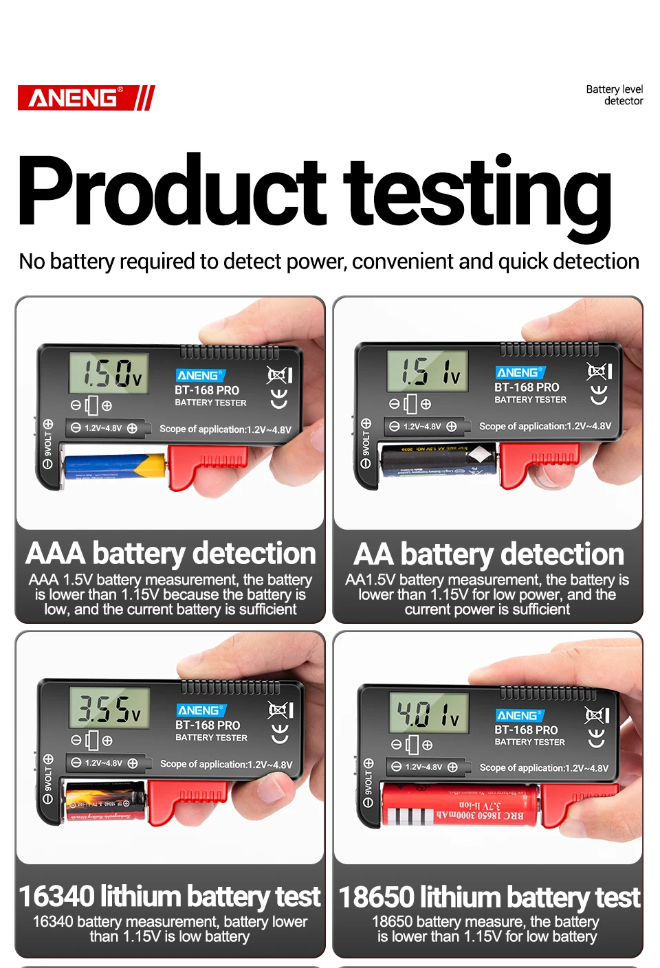 ANENG BT-168 PRO Digital Lithium Battery Capacity Tester Checkered Load Analyzer Display Check AAA AA Button Cell Universal Test