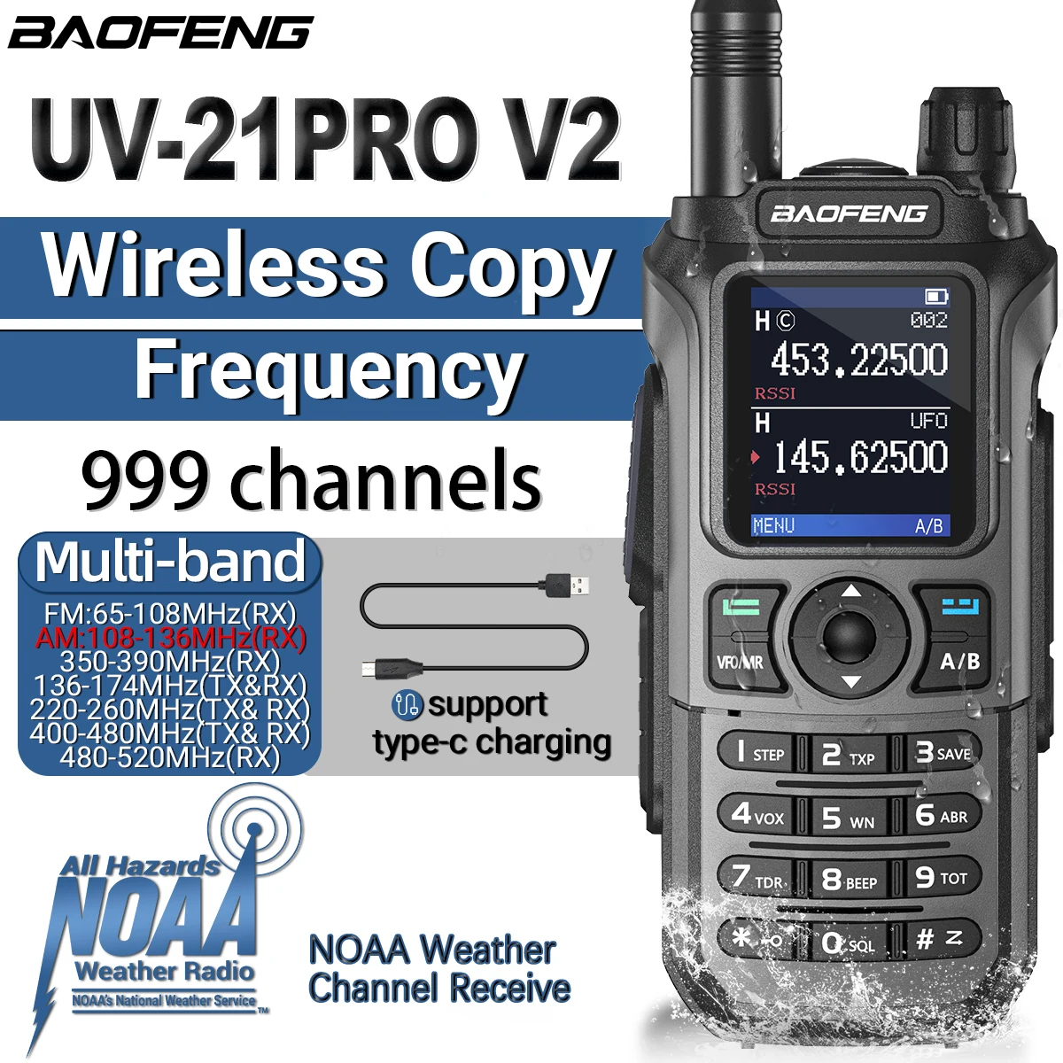 Baofeng UV 21 Pro Wireless Copy Frequency Walkie Talkie 16 KM AM Long Range Waterproof Multi-Band Type-C Charger Ham Radio UV 5R