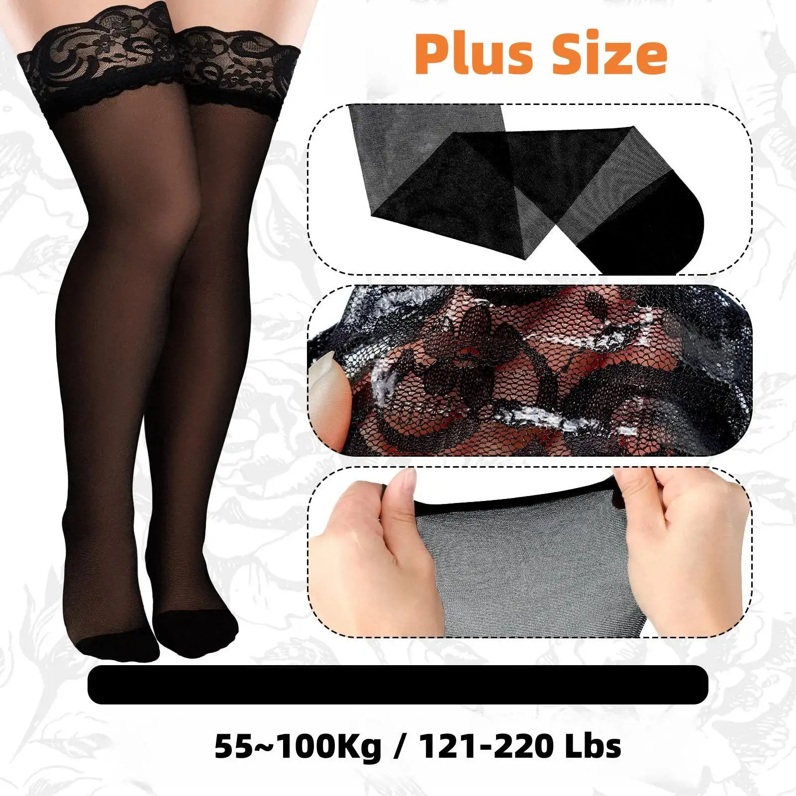 Large Plus Size Lace Stockings Sexy Sheer Over Knee Thigh High Gothic Fishnet Long Socks for Oversized Women XXXXXL Black White