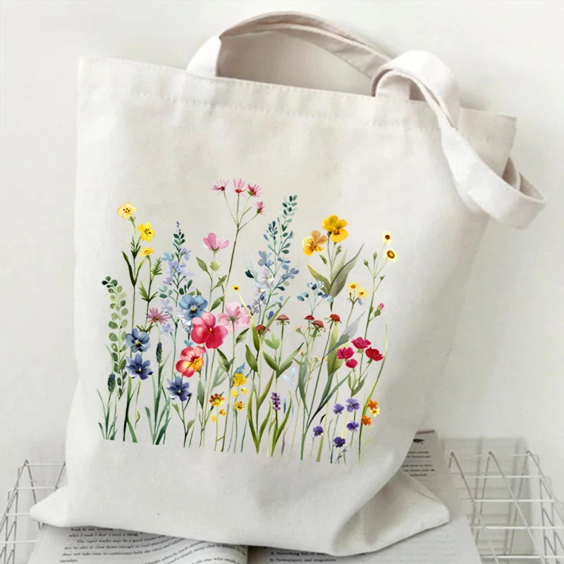 Woman's Shoulder Bag Wildflowers Pattern Tote Bags Canvas Shoulder Bags for Travel Daily Commuting Women's Reusable Shopping Bag
