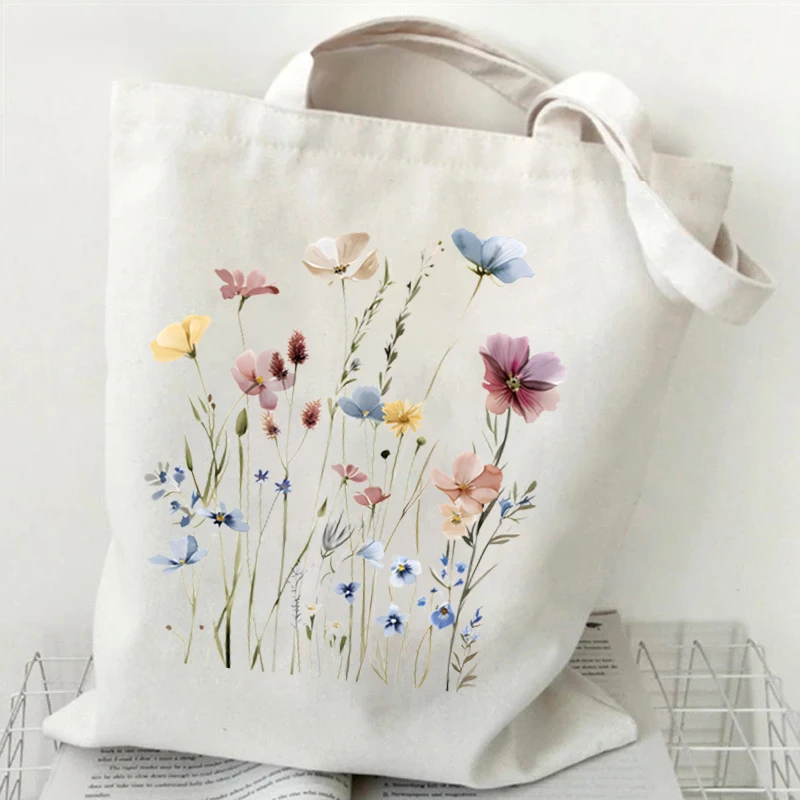 Woman's Shoulder Bag Wildflowers Pattern Tote Bags Canvas Shoulder Bags for Travel Daily Commuting Women's Reusable Shopping Bag