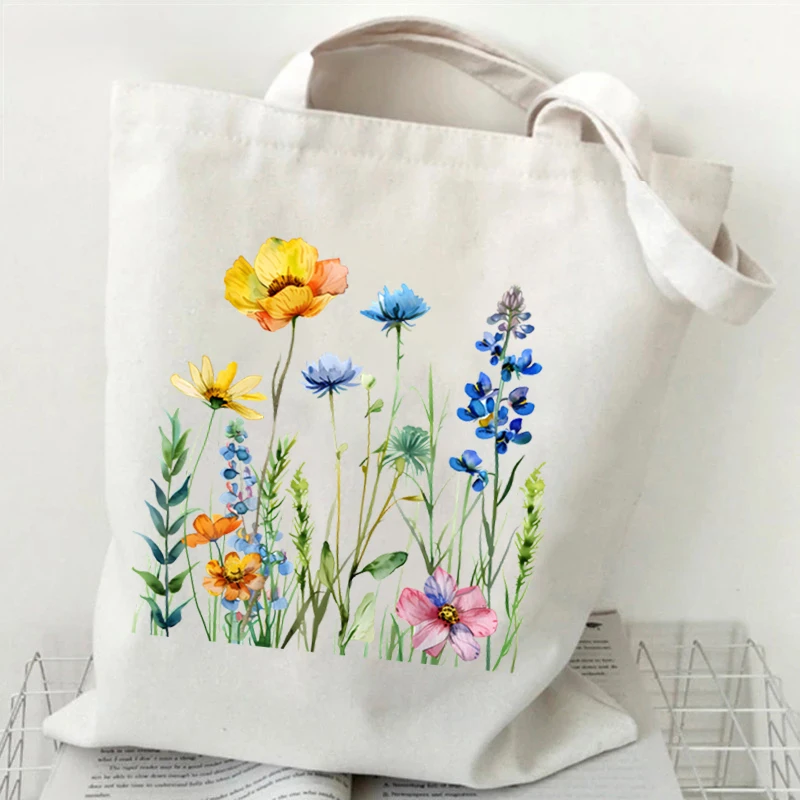 Woman's Shoulder Bag Wildflowers Pattern Tote Bags Canvas Shoulder Bags for Travel Daily Commuting Women's Reusable Shopping Bag
