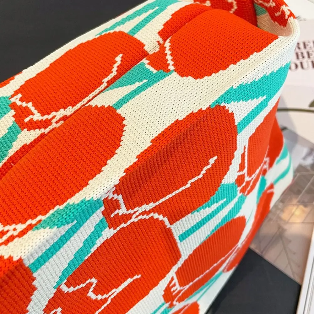 Women Handmade Knit Handbag Mini Knot Wrist Bag Japanese Casual Color Wide Stripe Plaid Tote Bag Student Reusable Shopping Bags