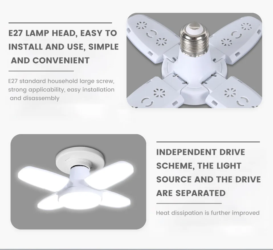 E27 Fan Shape Foldable 28W LED Bulb AC220V/110V Deformation for Home Ceiling Lights Warehouse and Garage White Light 6500K Bulb