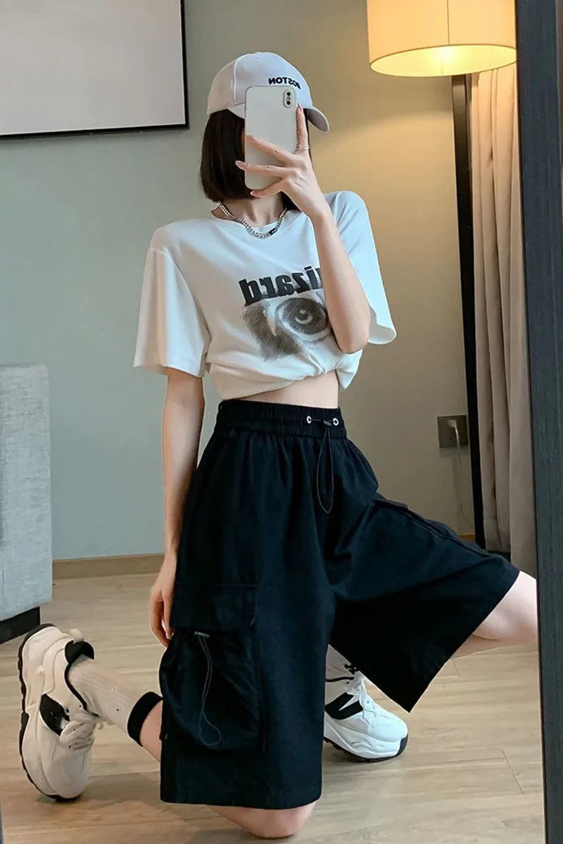 Xpqbb Cargo Shorts for Women Harajuku High Waist Baggy Y2K Hip Hop Shorts Woman Streetwear Trendy Big Pocket Bf Short Pants