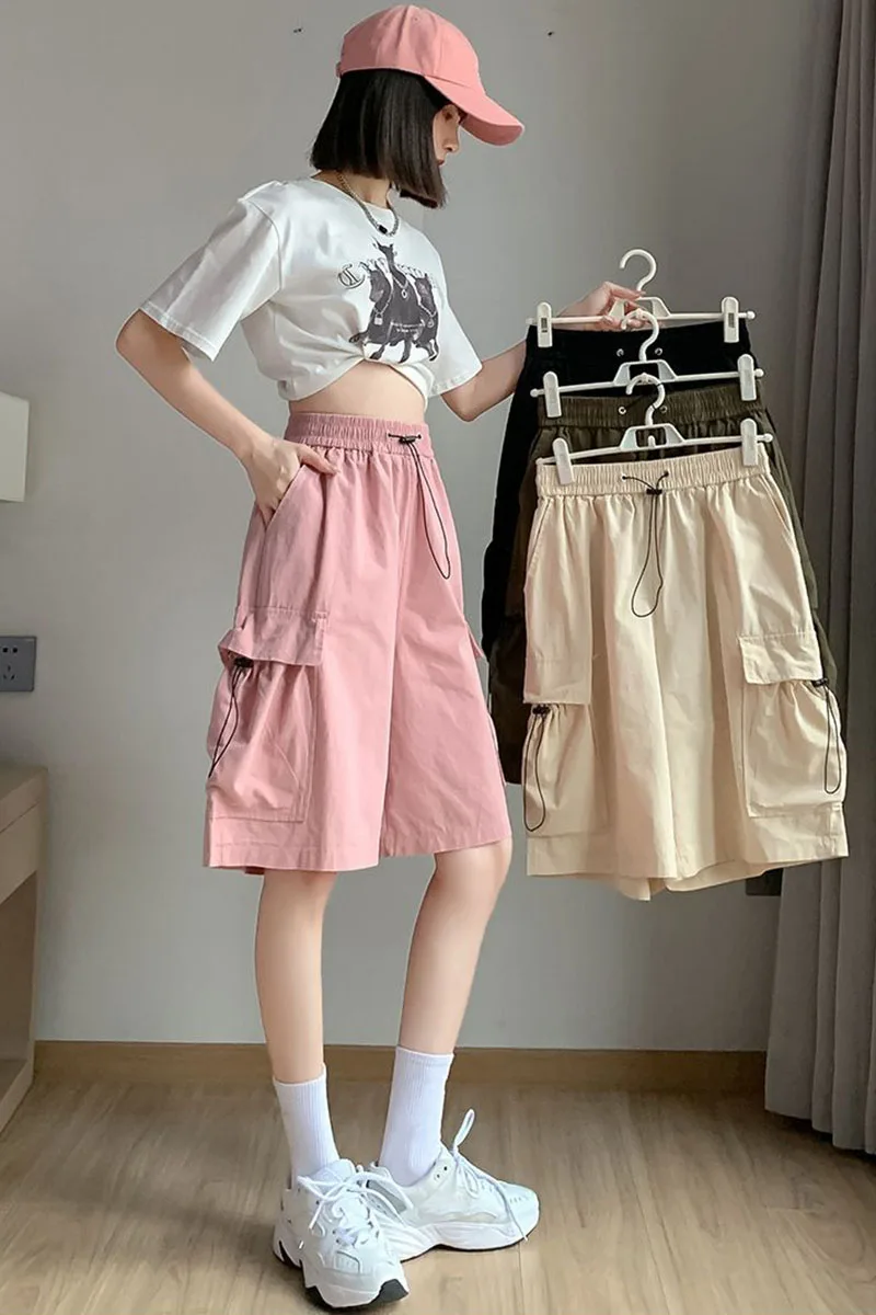 Xpqbb Cargo Shorts for Women Harajuku High Waist Baggy Y2K Hip Hop Shorts Woman Streetwear Trendy Big Pocket Bf Short Pants