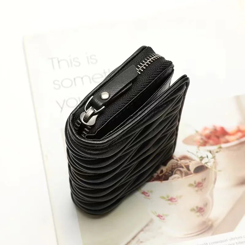 Genuine Lambskin Fold Design Ladies Short Wallet Sheep Leather Women Fashion Trendy Card Holders Coin Purse Wallet Zipper Poucht