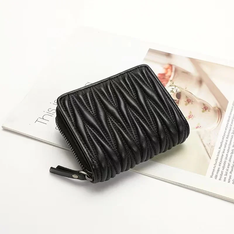 Genuine Lambskin Fold Design Ladies Short Wallet Sheep Leather Women Fashion Trendy Card Holders Coin Purse Wallet Zipper Poucht
