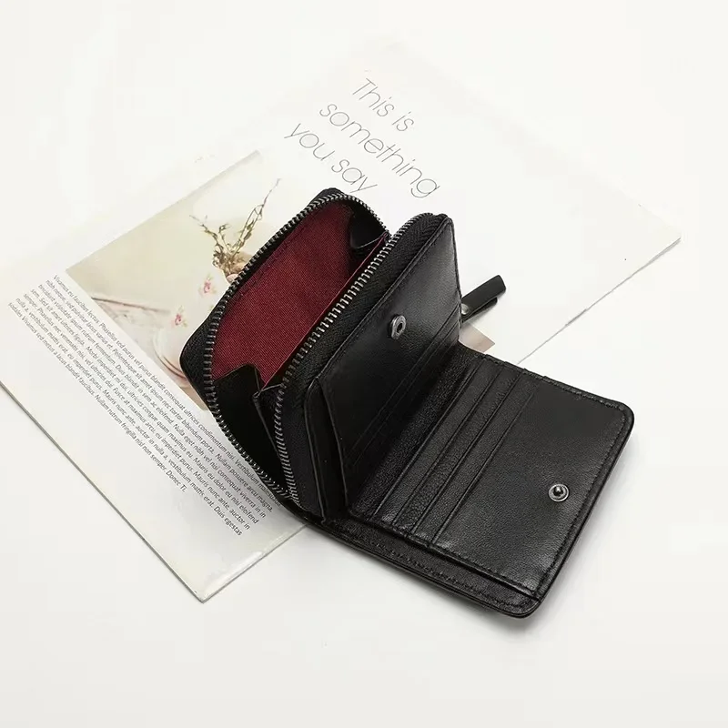 Genuine Lambskin Fold Design Ladies Short Wallet Sheep Leather Women Fashion Trendy Card Holders Coin Purse Wallet Zipper Poucht