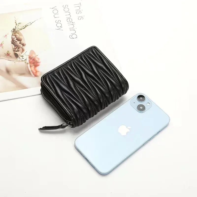 Genuine Lambskin Fold Design Ladies Short Wallet Sheep Leather Women Fashion Trendy Card Holders Coin Purse Wallet Zipper Poucht