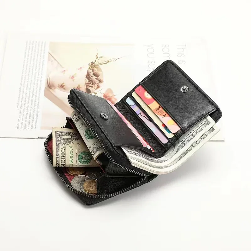 Genuine Lambskin Fold Design Ladies Short Wallet Sheep Leather Women Fashion Trendy Card Holders Coin Purse Wallet Zipper Poucht