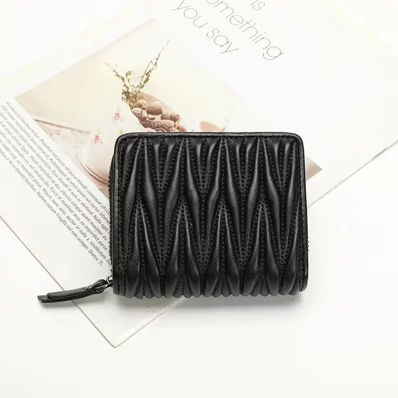 Genuine Lambskin Fold Design Ladies Short Wallet Sheep Leather Women Fashion Trendy Card Holders Coin Purse Wallet Zipper Poucht